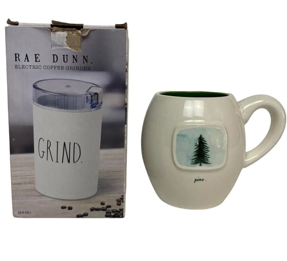 Rae Dunn by Magenta Electric Coffee Grinder &Pine Tree PINE Coffee Tea White Lot